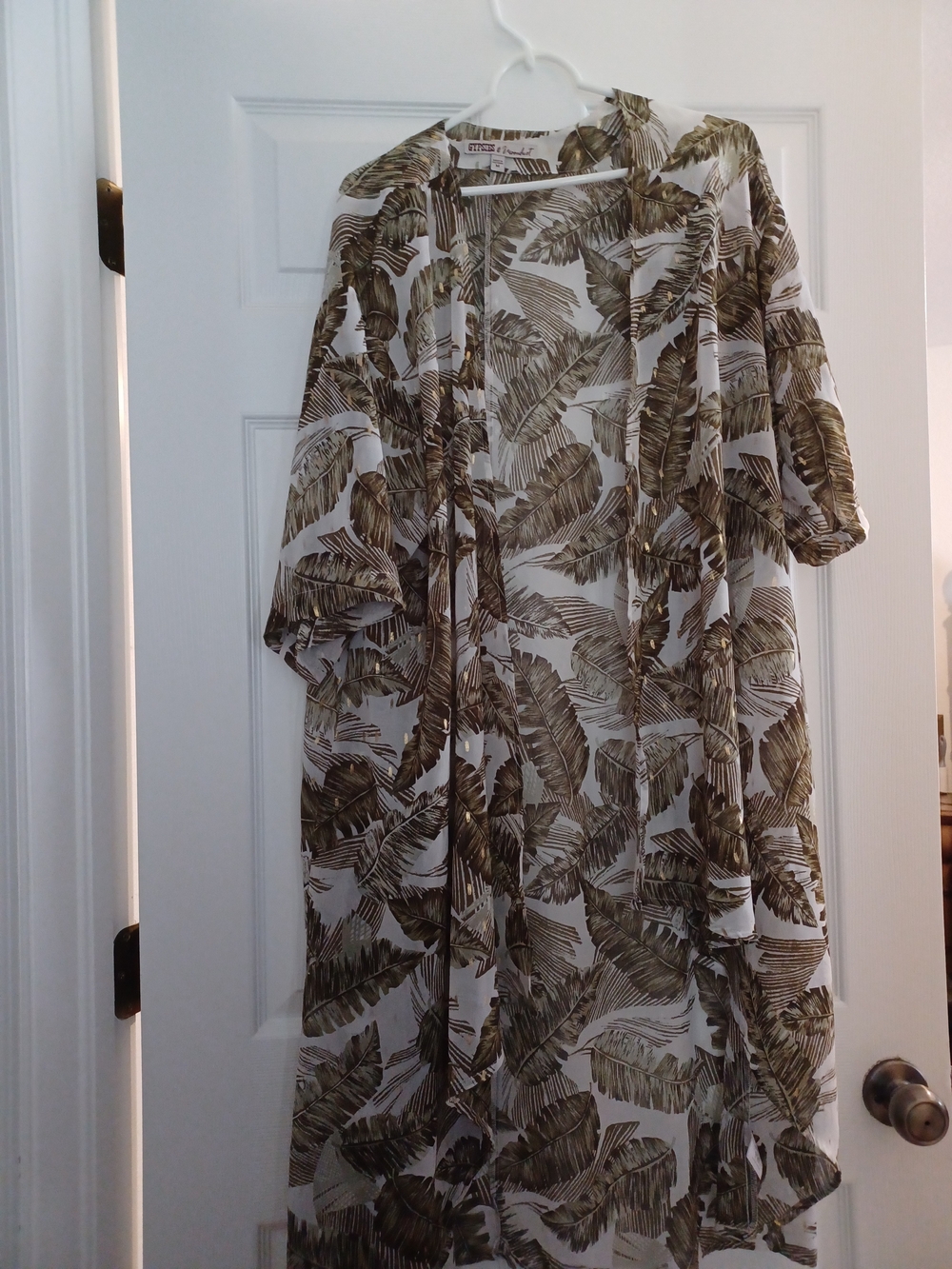Gypsies & Moondust Womens Size M Sheer Leaf-Print Kimono Duster - Olive/White